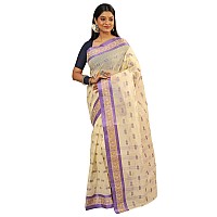 RAJ SAREE HOUSE Womens Traditional Pure Cotton Bengali Handloom Tant Saree Without Blouse Piece Off White and Purple