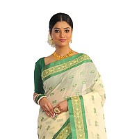 RAJ SAREE HOUSE Womens Traditional Pure Cotton Bengali Handloom Tant Saree Without Blouse Piece Off White and Green