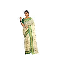 RAJ SAREE HOUSE Womens Traditional Pure Cotton Bengali Handloom Tant Saree Without Blouse Piece Off White and Green