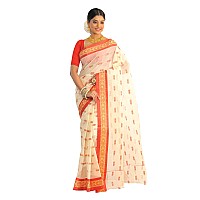 RAJ SAREE HOUSE Womens Traditional Pure Cotton Bengali Handloom Tant Saree Without Blouse Piece Off White and Red