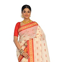 RAJ SAREE HOUSE Womens Traditional Pure Cotton Bengali Handloom Tant Saree Without Blouse Piece Off White and Red