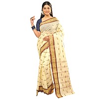 RAJ SAREE HOUSE Womens Traditional Pure Cotton Bengali Handloom Tant Saree Without Blouse Piece Off White and Tamak