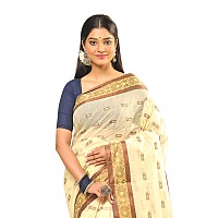 RAJ SAREE HOUSE Womens Traditional Pure Cotton Bengali Handloom Tant Saree Without Blouse Piece Off White and Tamak