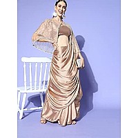 Womanista Womens Solid Satin Saree with Embellished Cape TI2765Silver