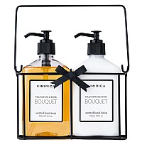 Kimirica Bouquet Hand wash Hand Lotion Duo set with Metal Caddy | Goodness of Frangipani and Rose, 100% Vegan & Paraben Free | Long Lasting fragrance | Luxury Gift set | Gift hamper | Premium Packaging (270ml x 2)