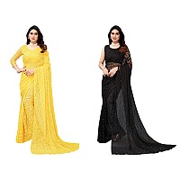 Priyashi Womens Solid Net Saree with Blouse Piece Yellow-ABIRA Black_Pack of-2