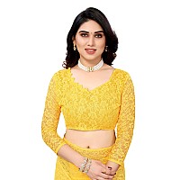 Priyashi Womens Solid Net Saree with Blouse Piece Yellow-ABIRA Black_Pack of-2