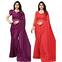 Priyashi Womens Solid Net Saree with Blouse Piece Purple-ABIRA RED_Pack of-2