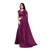 Priyashi Womens Solid Net Saree with Blouse Piece Purple-ABIRA RED_Pack of-2