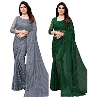 Priyashi Womens Solid Net Saree with Blouse Piece Grey-ABIRA Green_Pack of-2