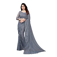 Priyashi Womens Solid Net Saree with Blouse Piece Grey-ABIRA Green_Pack of-2