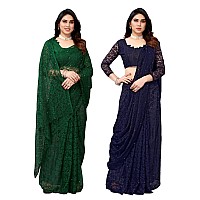 Priyashi Womens Solid Net Saree with Blouse Piece Green-ABIRA Navy_Pack of-2