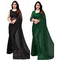 Priyashi Womens Solid Net Saree with Blouse Piece Black-ABIRA Green_Pack of-2