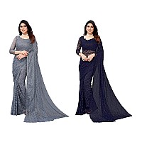 Priyashi Womens Solid Net Saree with Blouse Piece Grey-ABIRA Navy_Pack of-2