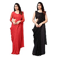 Priyashi Womens Solid Net Saree with Blouse Piece RED-ABIRA Black_Pack of-2