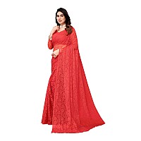 Priyashi Womens Solid Net Saree with Blouse Piece RED-ABIRA Black_Pack of-2