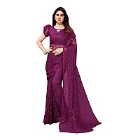 Priyashi Womens Solid Net Saree with Blouse Piece(ABIRA Purple_Free Size)