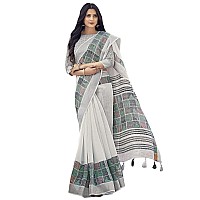 SIRIL Womens Silver Border Printed Cotton Saree with Blouse2501S9574White