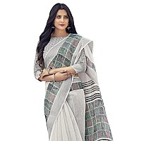 SIRIL Womens Silver Border Printed Cotton Saree with Blouse2501S9574White