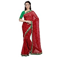 Amazon Brand - Anarva Womens Red Chiffon Bandhani Printed Saree With Lace And Blouse Piece