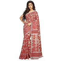 BENGAL HANDLOOM Cotton Exclusive Womens Dhakai Allover Soft Pakhi Jamdani Saree Without Blouse Piece(Color- White Red)