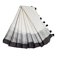 HAIDER ALI AND SONS Linen Slub White Colour Ethnic Wear Saree For Womens (With Blouse) (BLACK PAPPER)