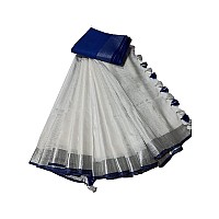 HAIDER ALI AND SONS Linen Slub White Colour Ethnic Wear Saree For Womens With Blouse SILVER BLUE