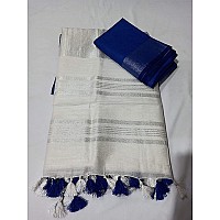 HAIDER ALI AND SONS Linen Slub White Colour Ethnic Wear Saree For Womens With Blouse SILVER BLUE