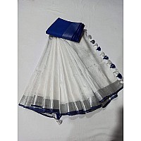 HAIDER ALI AND SONS Linen Slub White Colour Ethnic Wear Saree For Womens With Blouse SILVER BLUE