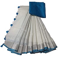 HAIDER ALI AND SONS Linen Slub White Colour Ethnic Wear Saree For Womens With Blouse SILVER FIROZA