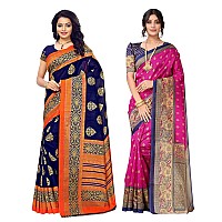 SIRIL WomenS Poly Silk Saree Combo Pack Of 2 With Unstitched Blouse Piece (815S199_2431S855_Navy Blue || Rani Pink)