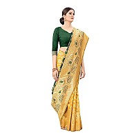 SILK LAND Womens Kanchipuram Gold Silk Saree With Unstitched Blouse Piece(Green)