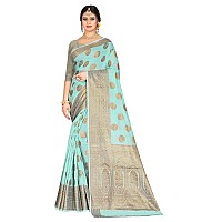 C J Enterprise Women Pure Kanjivaram Soft Cotton Silk Saree For Wedding Banarasi Design Wear Pattu Sarees Latest Party Sari With Blouse Piece Organza sadi new ladies 2024 (Pari-107 paithani) (Firozi)