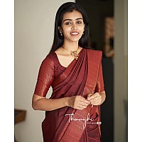 Flosive Womens Present Banarasi Soft Lichi Silk Saree Beautiful Jacquard Rich Pallu Design Work Zari Woven Kanjivaram Silk Style Saree Induja Copper With Soft Lichi Silk Blouse Piece (Maroon)