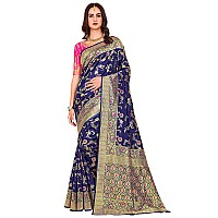 Glory Sarees Womens Banarasi Silk Saree With Blouse Piece (Kara164_Navyblue)