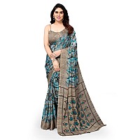 MIRCHI FASHION Womens Plain Weave Chiffon Leaf and Ikat Printed Saree with Blouse Piece 36883Turquoise Multi