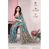 MIRCHI FASHION Womens Plain Weave Chiffon Leaf and Ikat Printed Saree with Blouse Piece 36883Turquoise Multi