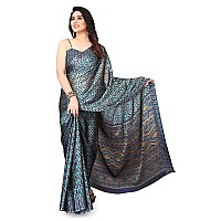 MIRCHI FASHION Womens Plain Weave Chiffon Ikat Printed Saree with Blouse Piece 36888Blue Beige Mustard