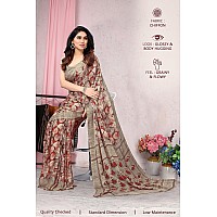 MIRCHI FASHION Womens Plain Weave Chiffon Leaf and Ikat Printed Saree with Blouse Piece 36884Red Beige