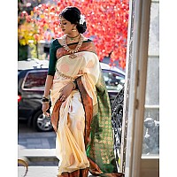 SGF11 Womens Kanjivaram Soft Silk Saree With Blouse Piece White Green