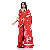 dB DESH BIDESH Women`s Bengali Khesh Pure Cotton Handloom Saree Swastik Designed With Blouse Piece (Red)