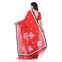 dB DESH BIDESH Women`s Bengali Khesh Pure Cotton Handloom Saree Swastik Designed With Blouse Piece (Red)