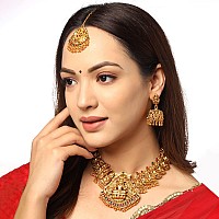 Yellow Chimes Jewellery Set for Women Gold Plated Traditional Temple Jewellery Set Antique Necklace Set with Earrings and Maangtikka for Women and Girls