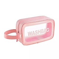 PINZOR Clear Toiletry Bags Makeup Pouch Bag Travel Transparent Cosmetic Bag Zipper Wash Bag with Handle Household Grooming Kit Portable Organizer Carry Pouch for Women & Men (Medium, Pink)