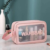 PINZOR Clear Toiletry Bags Makeup Pouch Bag Travel Transparent Cosmetic Bag Zipper Wash Bag with Handle Household Grooming Kit Portable Organizer Carry Pouch for Women & Men (Medium, Pink)