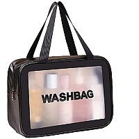 PINZOR Clear Toiletry Bags Makeup Pouch Bag Travel Transparent Cosmetic Bag Zipper Wash Bag with Handle Makeup Organizer Case Carry Pouch for Women and Men (Big, Black)