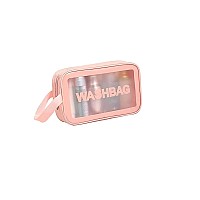 PINZOR Clear 8 Cms Toiletry Bags, Makeup Pouch Bag Travel Transparent Cosmetic Bag Zipper with Handle Household Grooming Kit Portable Organizer Case Carry Pouch for Women and Men (Small, Pink)