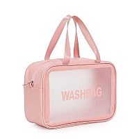 PINZOR Clear Toiletry Bags Makeup Pouch Bag Travel Transparent Cosmetic Bag Zipper Wash Bag with Handle Makeup Organizer Case Carry Pouch for Women and Men (Big, Pink)