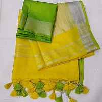 HAIDER ALI AND SONS Pure Linen Ethnic Wear Saree For Womens With Blouse01 YELLOW