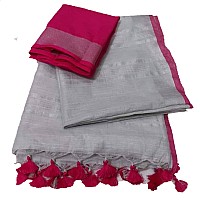 HAIDER ALI AND SONS Pure Linen Ethnic Wear Saree For Womens With Blouse01 LIGHT GREY